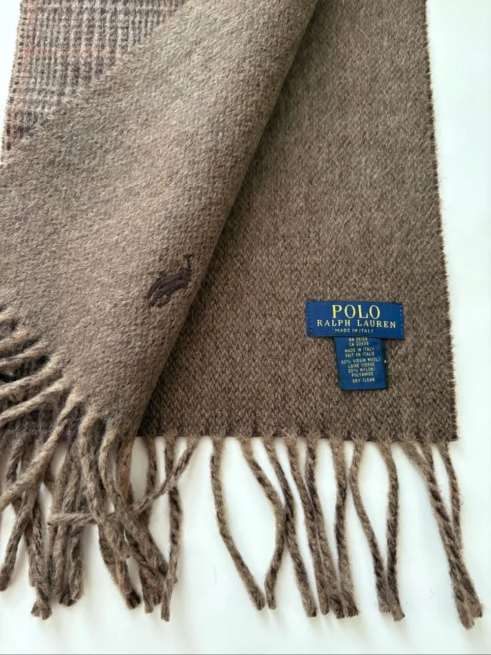 Polo Ralph Lauren Plaid Scarf Brown Made in Italy Wool Blend